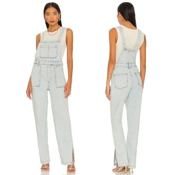NEW WeWoreWhat Slouchy Slit Overalls in Super Light Blue Denim Jean XS - Picture 1 of 8